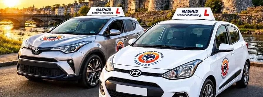 Two driving school cars with Mashud School of Motoring branding and L plates